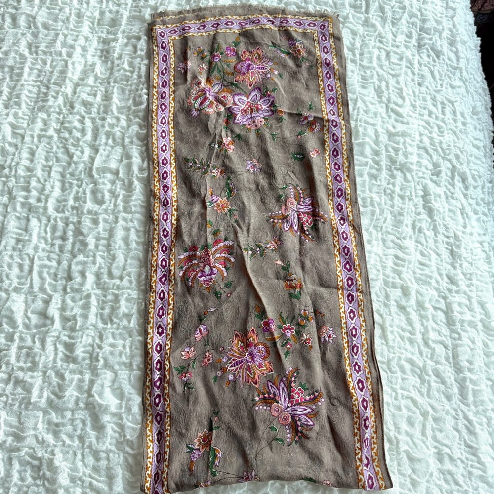 Oscar de la Renta Silk Scarf Floral Taupe Purple Long Designer Wrap 50” - Picture 7 of 10